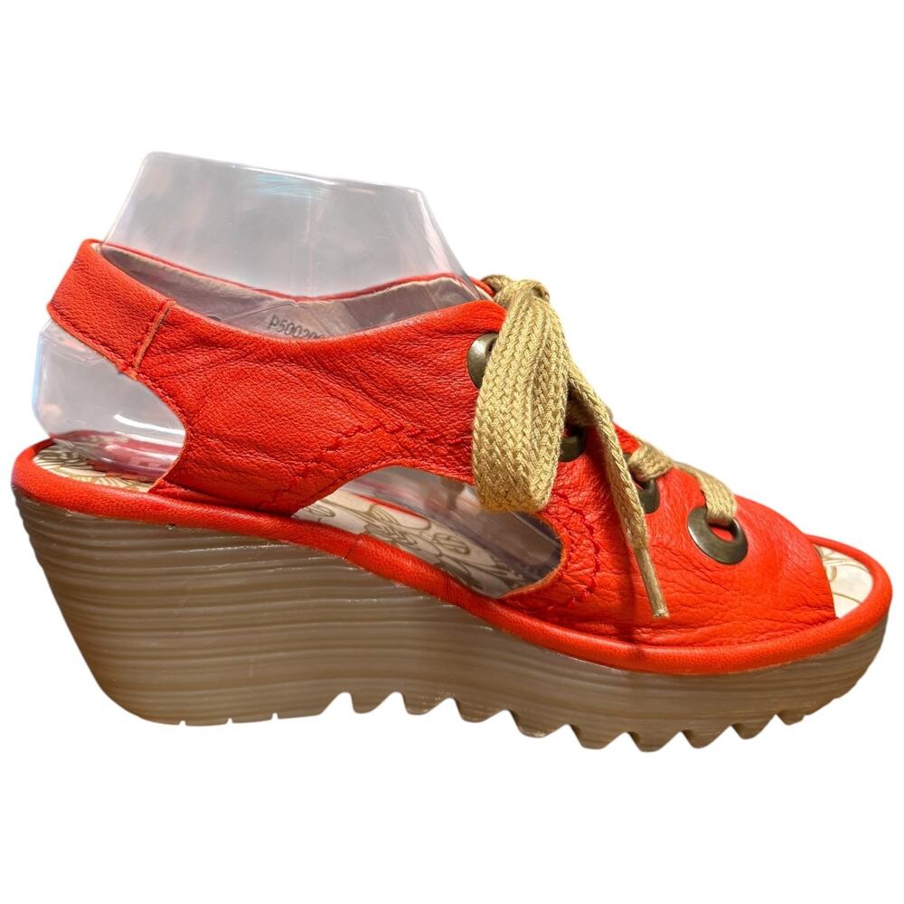 FLY LONDON Yifa Women's 37/US 6.5 Orange Leather Wedge Sandals Lace Up Comfort - Picture 8 of 15